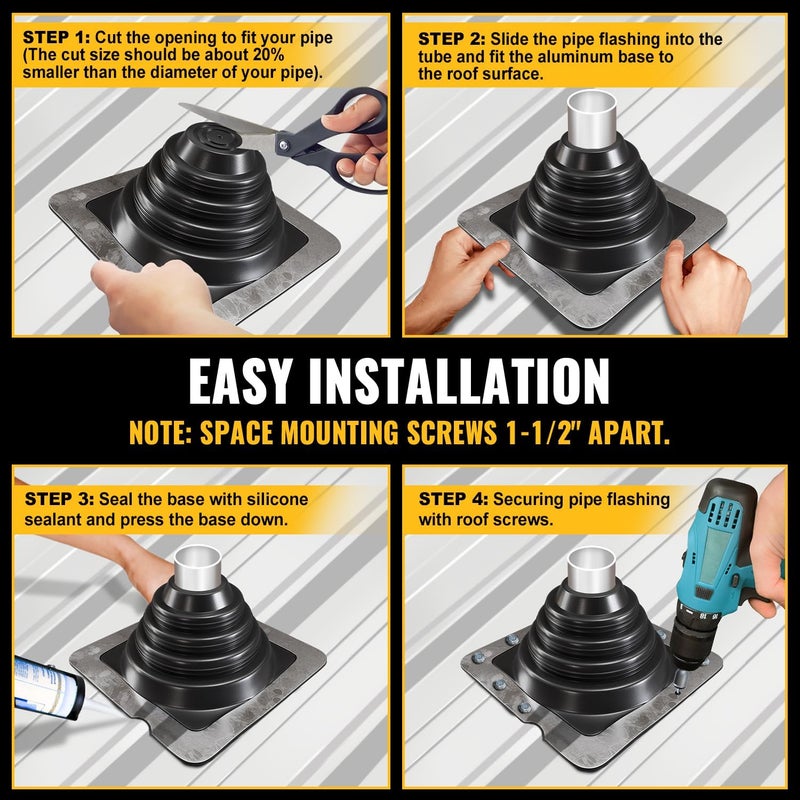 VIVIDA #1 Metal Roof Pipe Flashing, Metal Roofing Pipe Boot Kit, High Temp Silicone Vent Boot, for Tube OD 1/4" to 2", Square Base, Screws & Hex Socket Included, 1 Pack, Black - Image 5